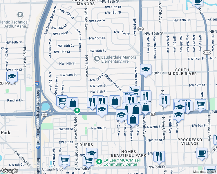 map of restaurants, bars, coffee shops, grocery stores, and more near 1201 Chateau Park Drive in Fort Lauderdale