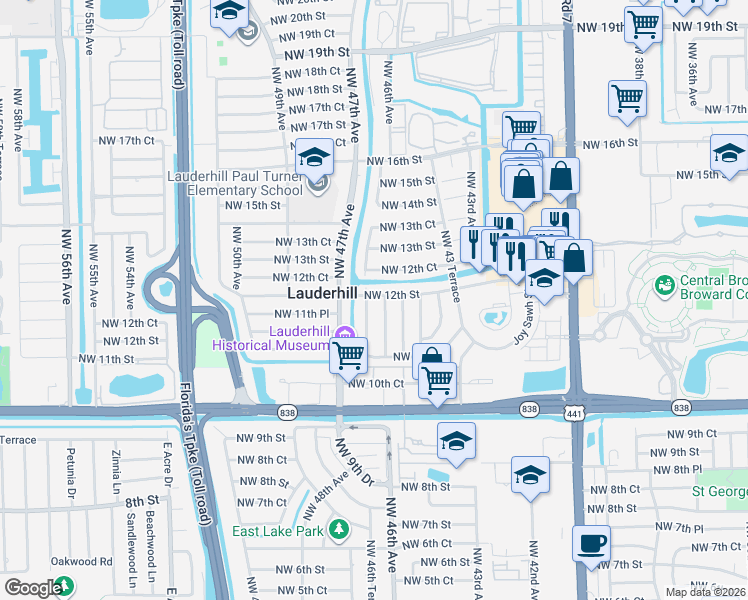 map of restaurants, bars, coffee shops, grocery stores, and more near 4541 Northwest 12th Street in Lauderhill