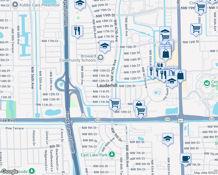 map of restaurants, bars, coffee shops, grocery stores, and more near 1200 Northwest 47th Avenue in Lauderhill