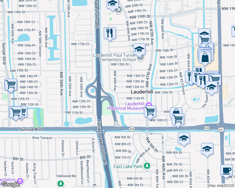 map of restaurants, bars, coffee shops, grocery stores, and more near 4981 Northwest 12th Street in Lauderhill