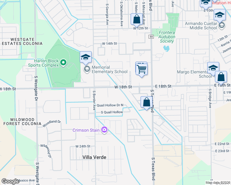 map of restaurants, bars, coffee shops, grocery stores, and more near 603 West 18th Street in Weslaco