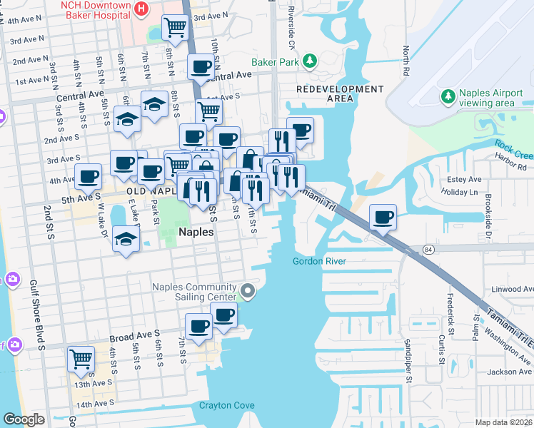 map of restaurants, bars, coffee shops, grocery stores, and more near 1100 6th Avenue South in Naples