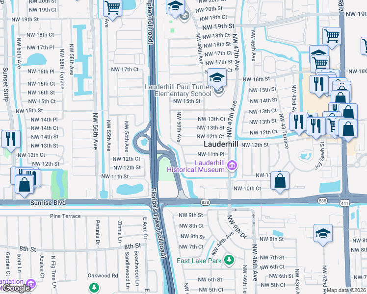 map of restaurants, bars, coffee shops, grocery stores, and more near 4981 Northwest 12th Street in Lauderhill