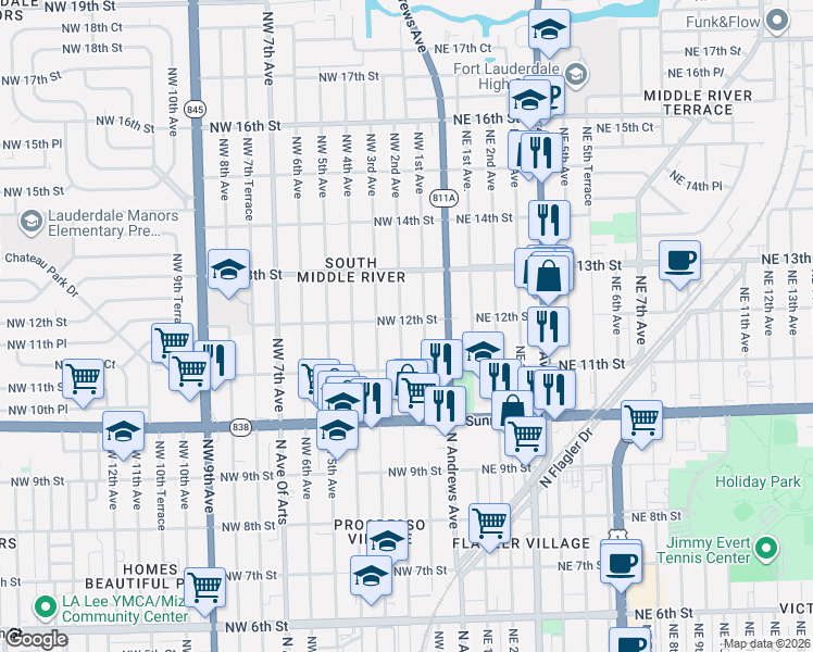 map of restaurants, bars, coffee shops, grocery stores, and more near 1201 Northwest 12th Street in Fort Lauderdale