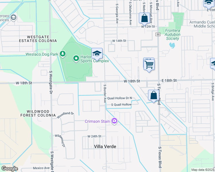 map of restaurants, bars, coffee shops, grocery stores, and more near 1801 South Border Avenue in Weslaco