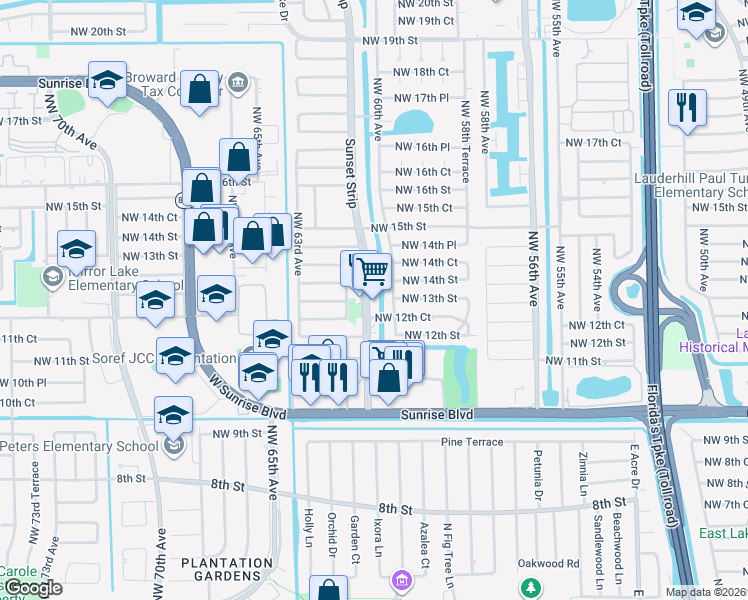 map of restaurants, bars, coffee shops, grocery stores, and more near 1301 Northwest 60th Avenue in Sunrise