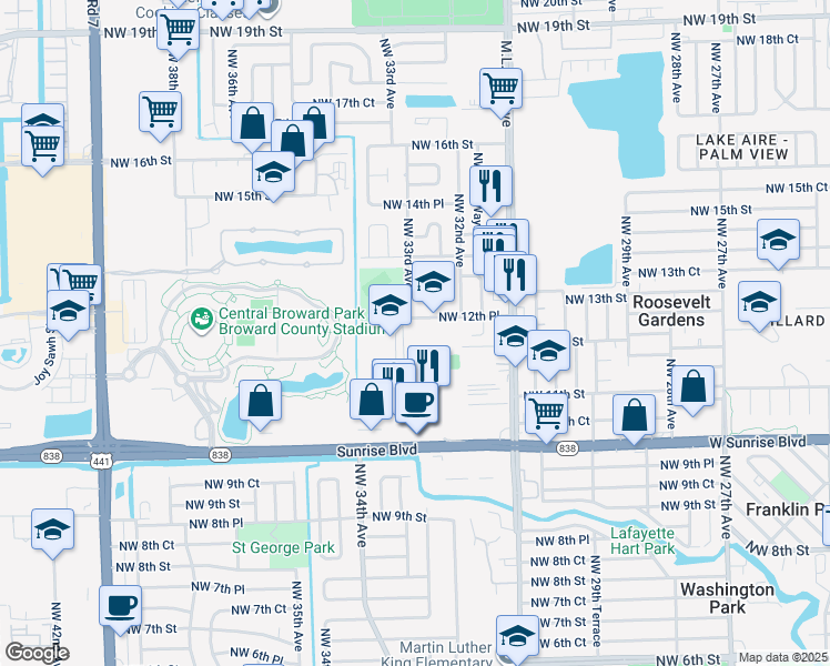 map of restaurants, bars, coffee shops, grocery stores, and more near 1211 Northwest 33rd Terrace in Lauderhill