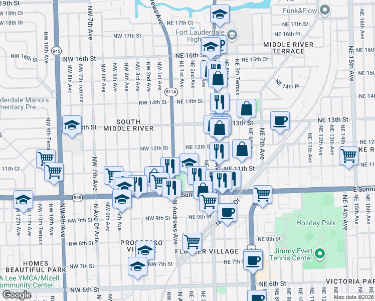 map of restaurants, bars, coffee shops, grocery stores, and more near 1201 Northeast 1st Avenue in Fort Lauderdale