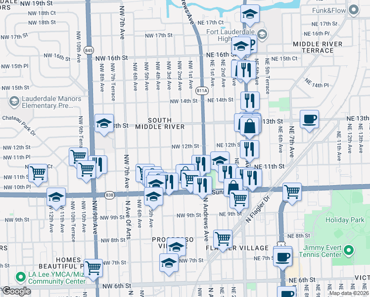 map of restaurants, bars, coffee shops, grocery stores, and more near 1201 Northwest 12th Street in Fort Lauderdale