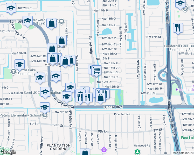 map of restaurants, bars, coffee shops, grocery stores, and more near 1301 Northwest 60th Avenue in Sunrise