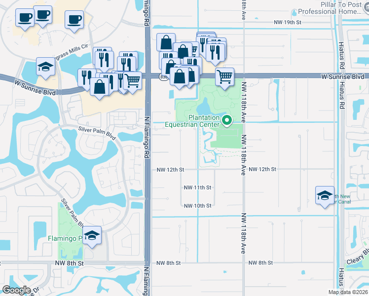 map of restaurants, bars, coffee shops, grocery stores, and more near 1301 Northwest 122nd Avenue in Plantation