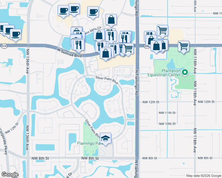 map of restaurants, bars, coffee shops, grocery stores, and more near 1440 Northwest 126th Avenue in Sunrise