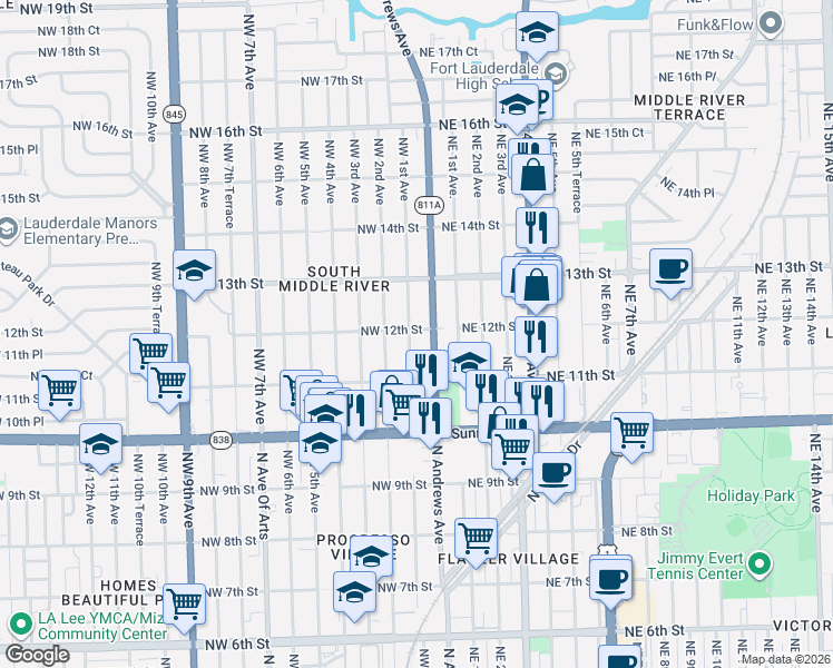 map of restaurants, bars, coffee shops, grocery stores, and more near 1200 Northwest 1st Avenue in Fort Lauderdale