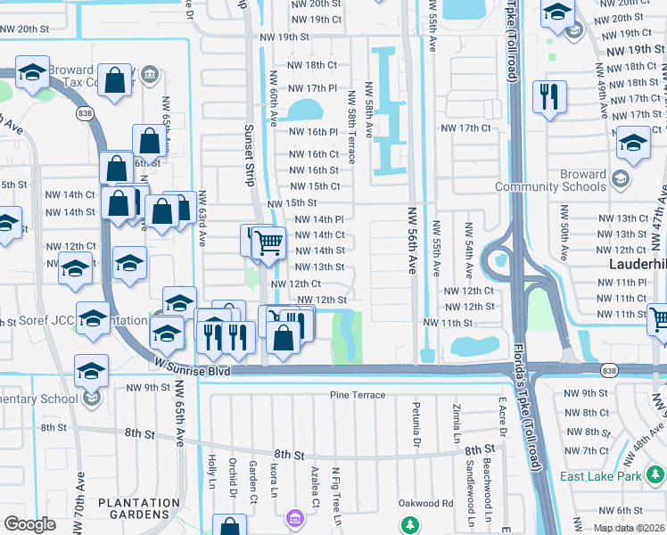 map of restaurants, bars, coffee shops, grocery stores, and more near 5809 Northwest 13th Street in Sunrise