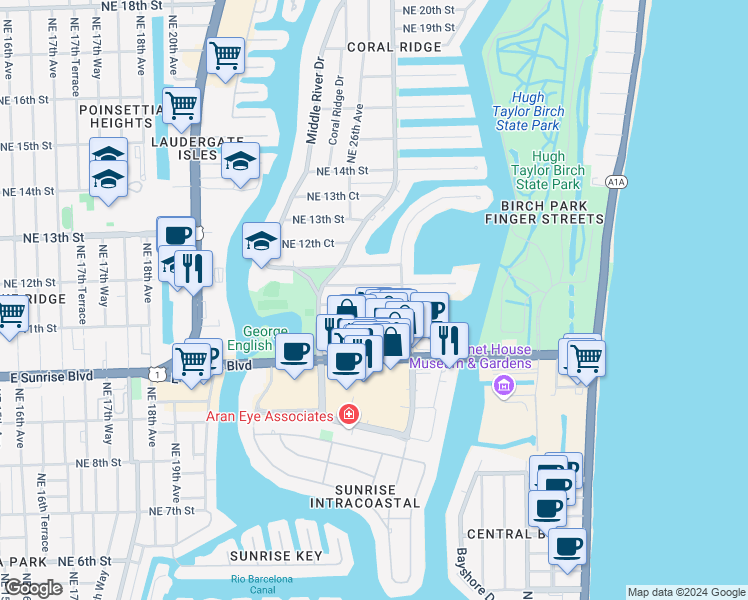 map of restaurants, bars, coffee shops, grocery stores, and more near 2623 Northeast 11th Court in Fort Lauderdale