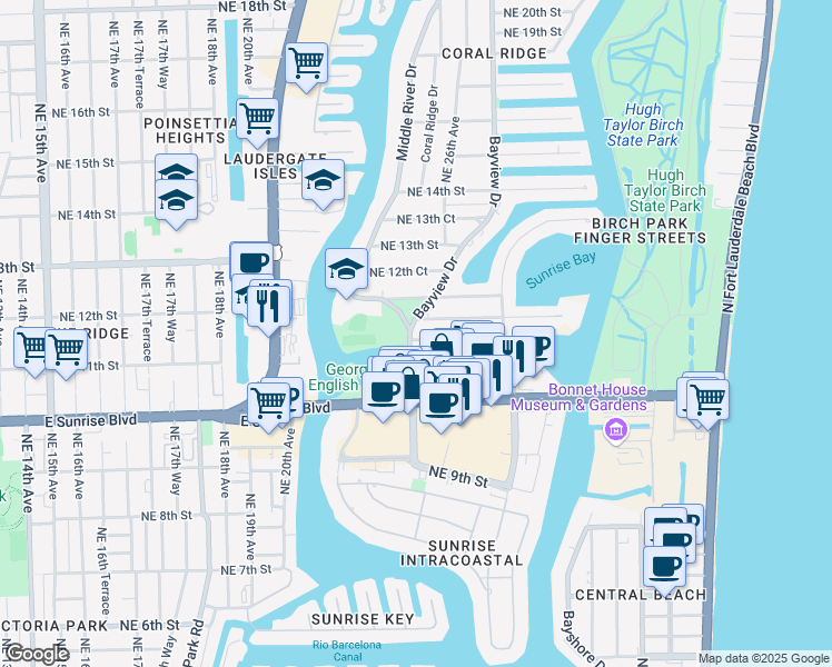 map of restaurants, bars, coffee shops, grocery stores, and more near 1122 Bayview Drive in Fort Lauderdale