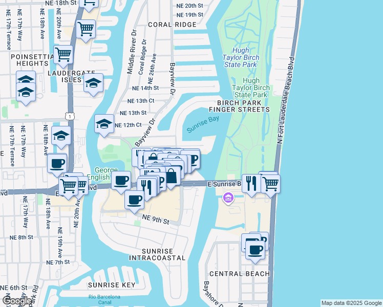 map of restaurants, bars, coffee shops, grocery stores, and more near 20 Yacht Club Boulevard in Fort Lauderdale