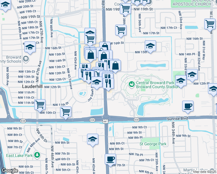 map of restaurants, bars, coffee shops, grocery stores, and more near 1180 U.S. 441 in Lauderhill