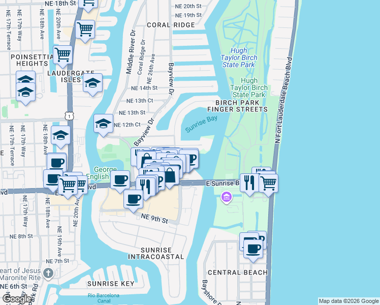 map of restaurants, bars, coffee shops, grocery stores, and more near 20 Yacht Club Boulevard in Fort Lauderdale