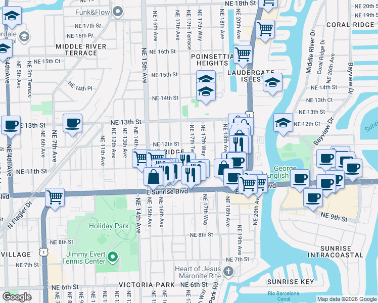 map of restaurants, bars, coffee shops, grocery stores, and more near 1132 Northeast 17th Avenue in Fort Lauderdale
