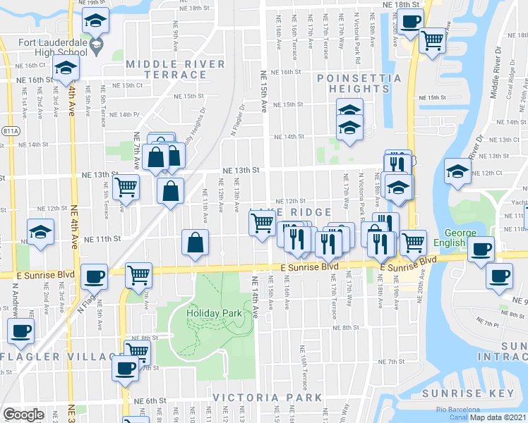 map of restaurants, bars, coffee shops, grocery stores, and more near 1136 Northeast 15th Avenue in Fort Lauderdale