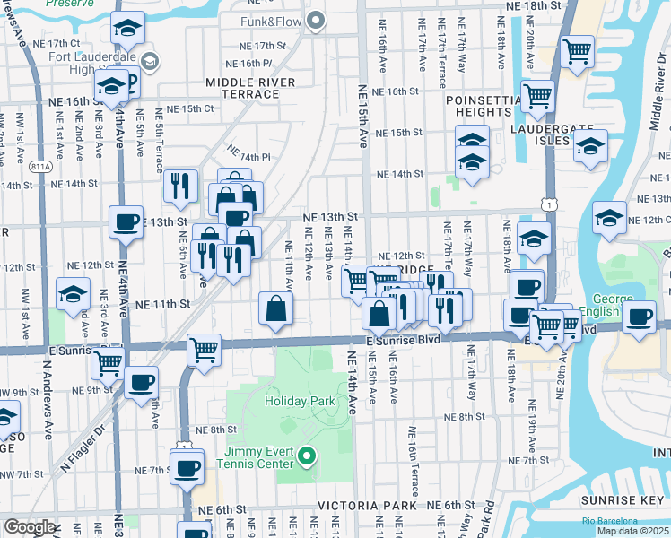 map of restaurants, bars, coffee shops, grocery stores, and more near 1141 Northeast 14th Avenue in Fort Lauderdale
