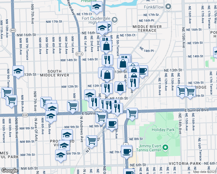 map of restaurants, bars, coffee shops, grocery stores, and more near 1200 Northeast 4th Avenue in Fort Lauderdale