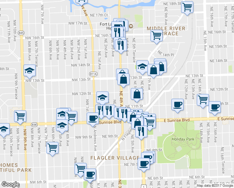map of restaurants, bars, coffee shops, grocery stores, and more near 1200 Northeast 4th Avenue in Fort Lauderdale