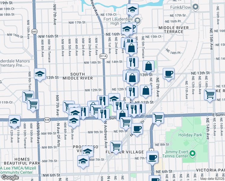 map of restaurants, bars, coffee shops, grocery stores, and more near 1201 Northeast 1st Avenue in Fort Lauderdale