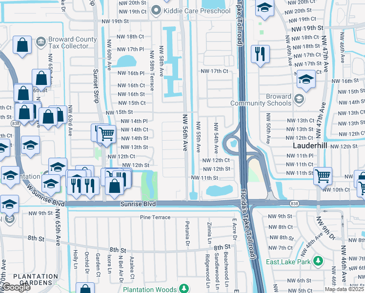 map of restaurants, bars, coffee shops, grocery stores, and more near 1311 Northwest 56th Avenue in Lauderhill