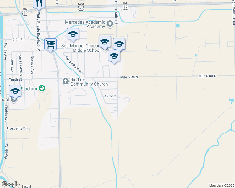 map of restaurants, bars, coffee shops, grocery stores, and more near 1413 East 13th Street in Mercedes