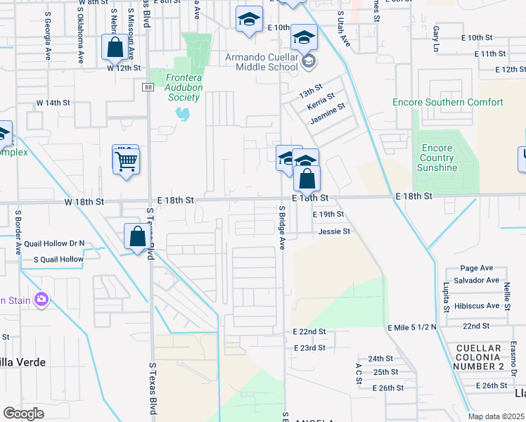 map of restaurants, bars, coffee shops, grocery stores, and more near 607 Buena Vista Drive in Weslaco