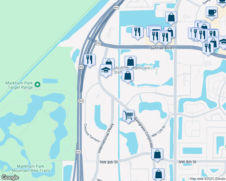 map of restaurants, bars, coffee shops, grocery stores, and more near 1550 Sawgrass Corporate Parkway in Sunrise