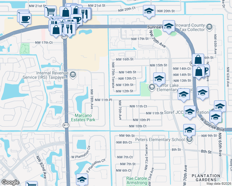 map of restaurants, bars, coffee shops, grocery stores, and more near 7550 Northwest 12th Street in Plantation