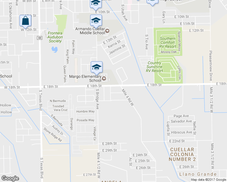 map of restaurants, bars, coffee shops, grocery stores, and more near 1105 East 19th Street in Weslaco