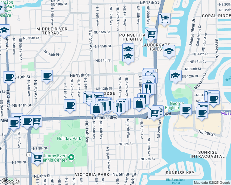 map of restaurants, bars, coffee shops, grocery stores, and more near 1132 Northeast 17th Avenue in Fort Lauderdale