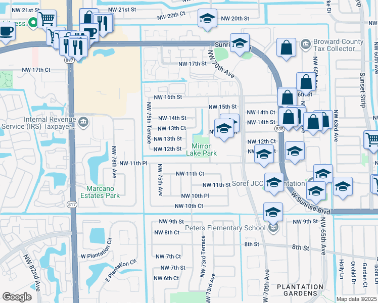 map of restaurants, bars, coffee shops, grocery stores, and more near 7400 Northwest 12th Street in Plantation