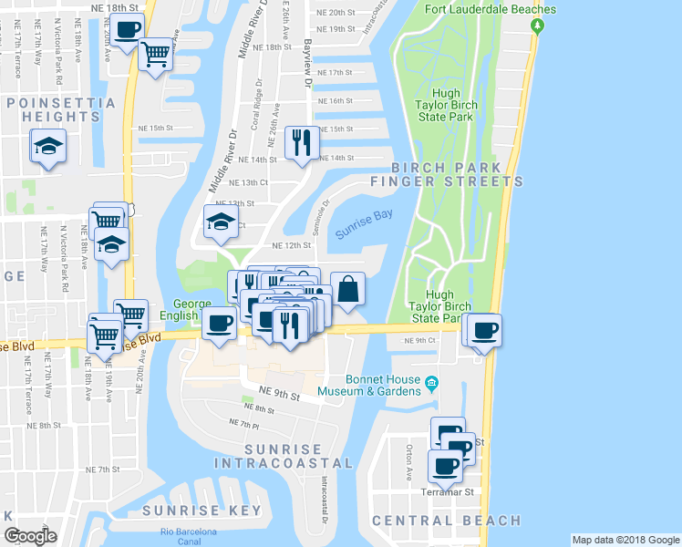 map of restaurants, bars, coffee shops, grocery stores, and more near 1124 Seminole Drive in Fort Lauderdale