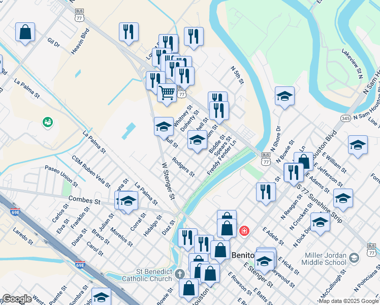 map of restaurants, bars, coffee shops, grocery stores, and more near 427 Yoakum St in San Benito