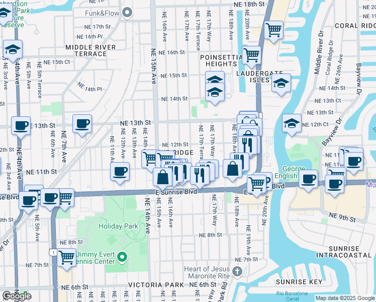 map of restaurants, bars, coffee shops, grocery stores, and more near 1133 Northeast 17th Avenue in Fort Lauderdale