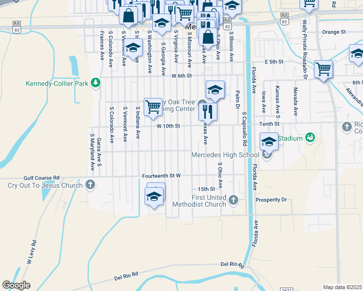 map of restaurants, bars, coffee shops, grocery stores, and more near 1126 South Virginia Avenue in Mercedes