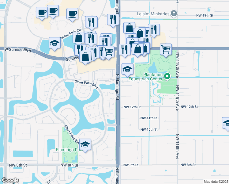 map of restaurants, bars, coffee shops, grocery stores, and more near 1334 Northwest 125th Terrace in Sunrise