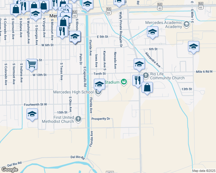 map of restaurants, bars, coffee shops, grocery stores, and more near Dowler Street in Mercedes
