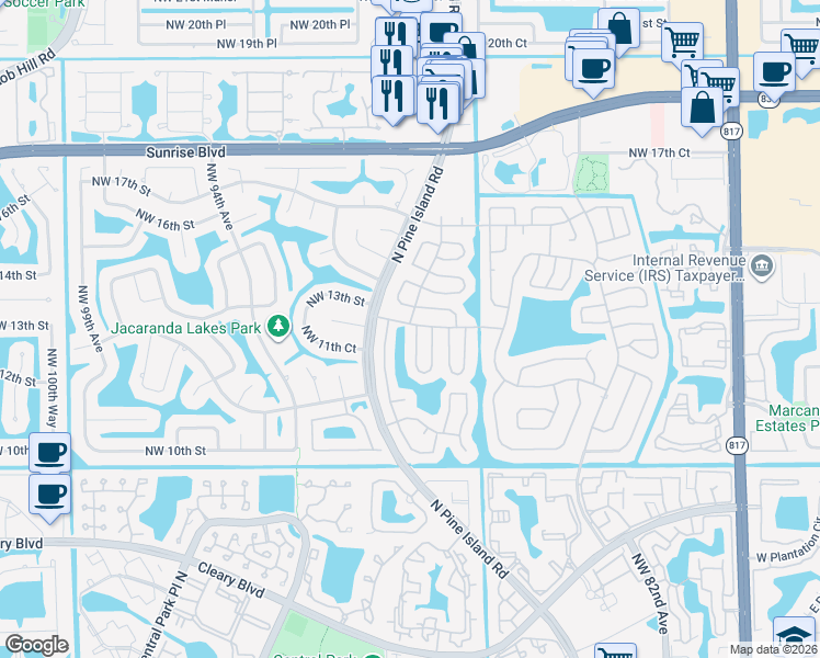 map of restaurants, bars, coffee shops, grocery stores, and more near 1191 Northwest 90th Avenue in Plantation