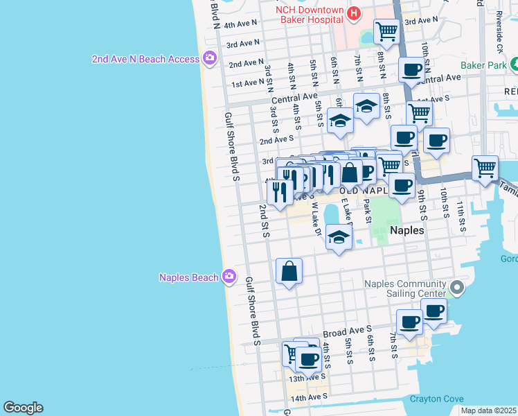 map of restaurants, bars, coffee shops, grocery stores, and more near 240 5th Avenue South in Naples
