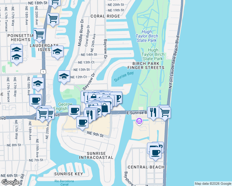 map of restaurants, bars, coffee shops, grocery stores, and more near 20 Yacht Club Boulevard in Fort Lauderdale
