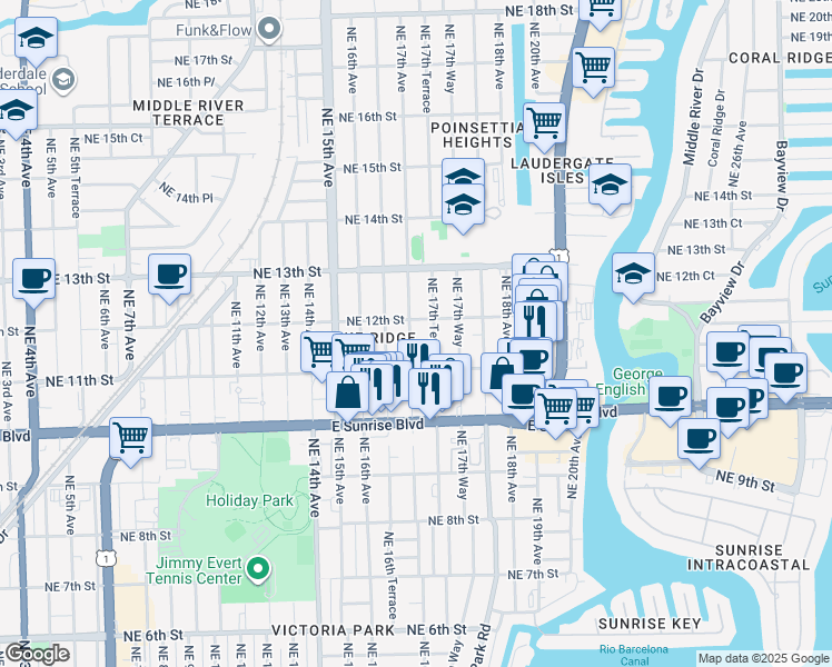 map of restaurants, bars, coffee shops, grocery stores, and more near 1132 Northeast 17th Avenue in Fort Lauderdale