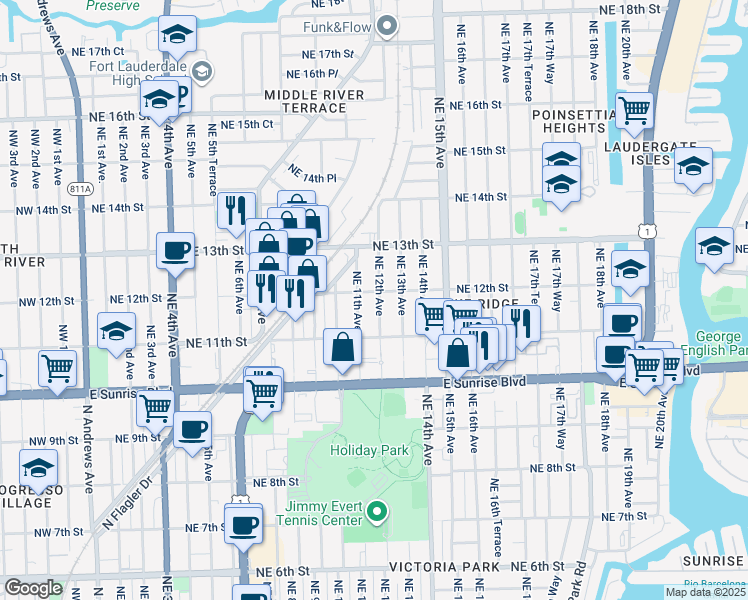 map of restaurants, bars, coffee shops, grocery stores, and more near 1140 Northeast 12th Avenue in Fort Lauderdale
