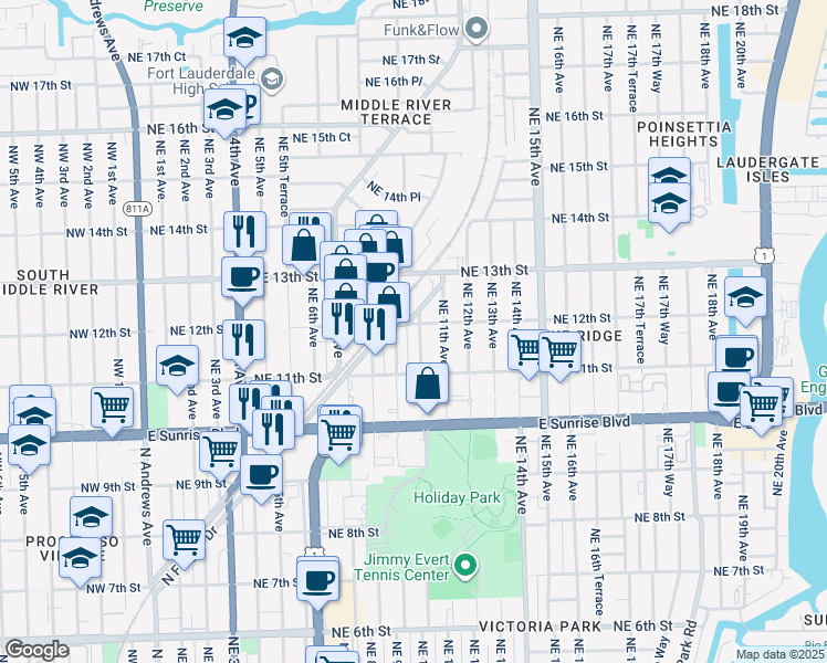 map of restaurants, bars, coffee shops, grocery stores, and more near 1140 Northeast 10th Avenue in Fort Lauderdale