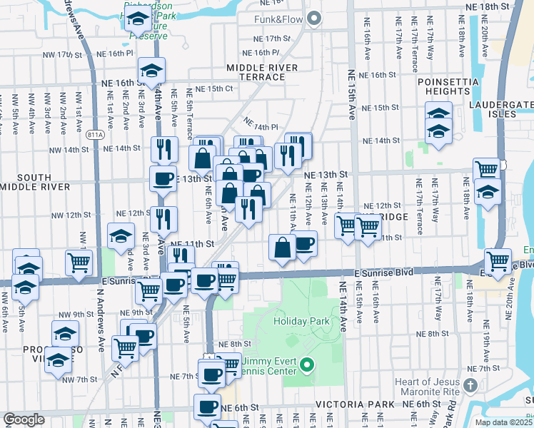 map of restaurants, bars, coffee shops, grocery stores, and more near 1140 Northeast 10th Avenue in Fort Lauderdale